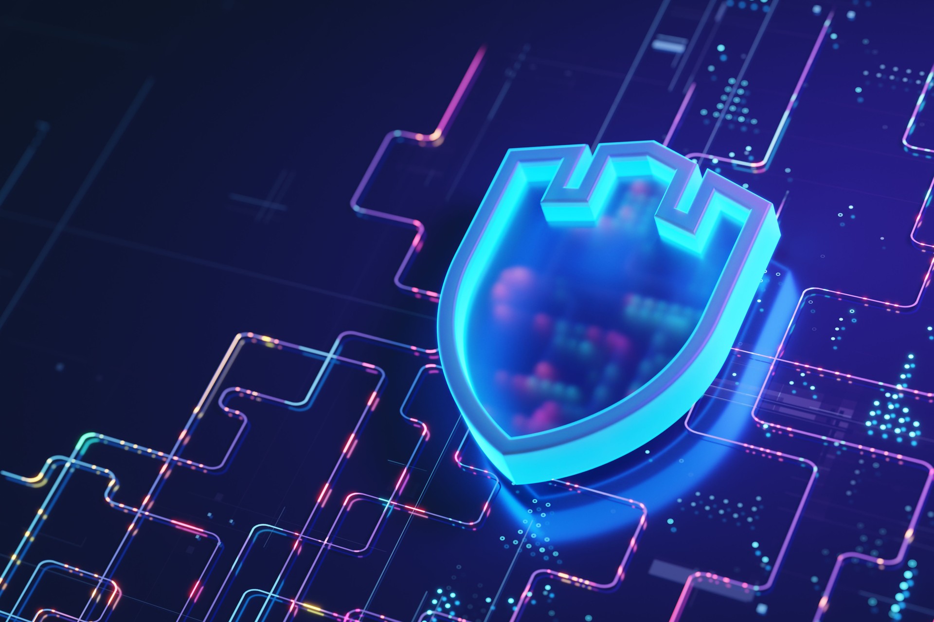 Glowing Shield Symbolizing Cybersecurity on a High-Tech Circuit Background